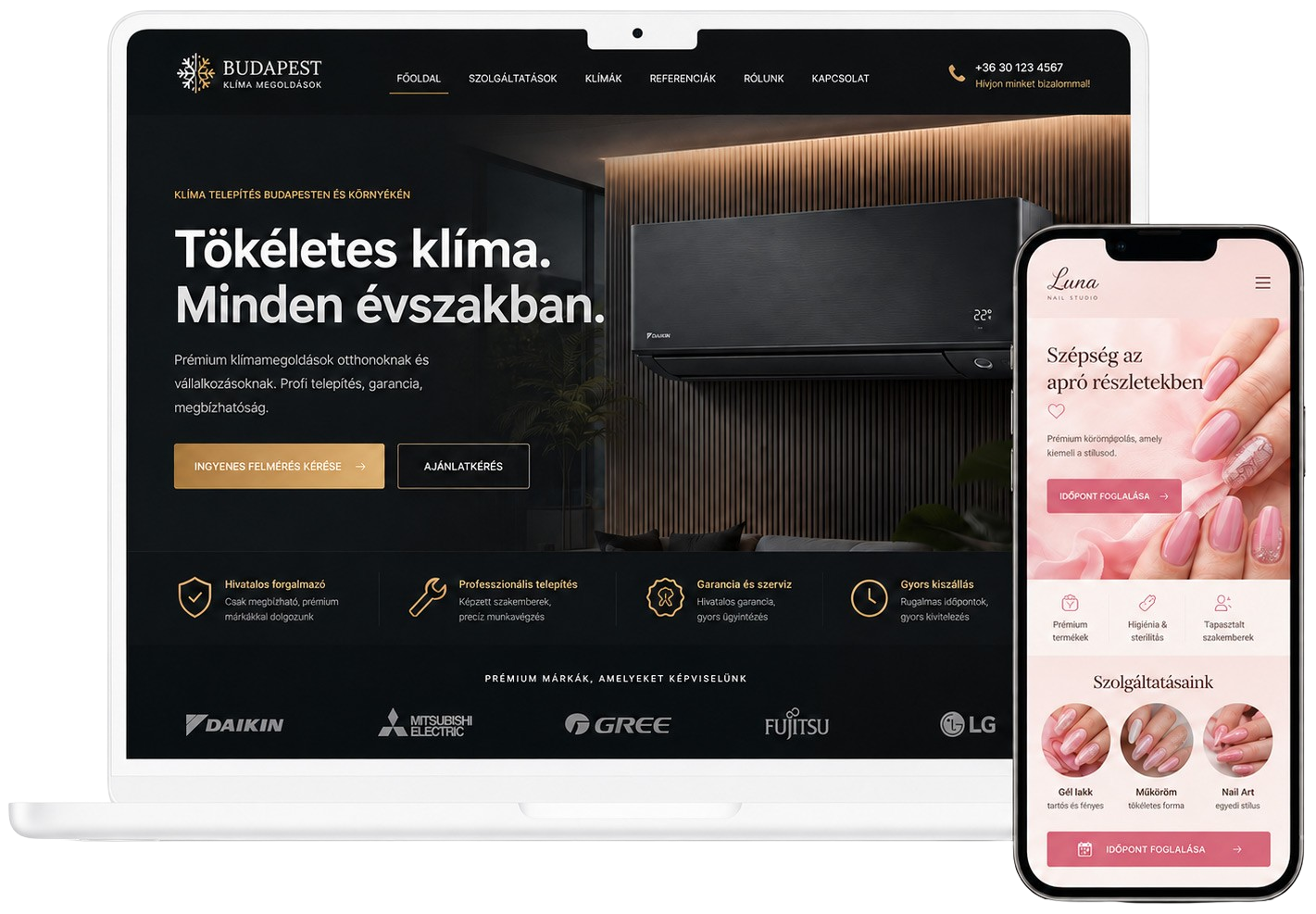 Klímás és műkörmös mintaoldal laptopon és telefonon